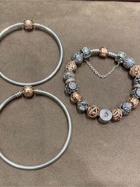 Pandora Rose Gold & Silver Crystal Charm Bracelet and 2 bangles